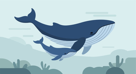 A majestic mother whale swimming alongside her calf in a serene underwater landscape, depicted in a calming blue and grey illustration, evoking a sense of peaceful coexistence
