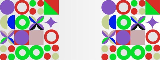 A bold symmetrical layout of green red and purple geometric icons arranged in two vertical blocks with empty center space for text