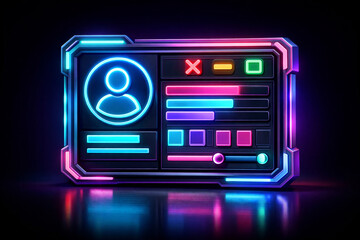 Fototapeta premium Futuristic UI Interface Design: A sleek, neon-lit user interface glows against a dark backdrop, presenting a profile, progress indicators, and interactive controls.