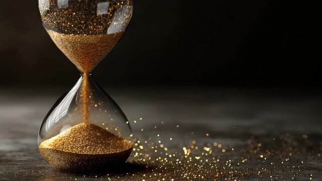 Time flows through a clear hourglass with golden sand as it moves from the top chamber to the bottom chamber on a dark surface