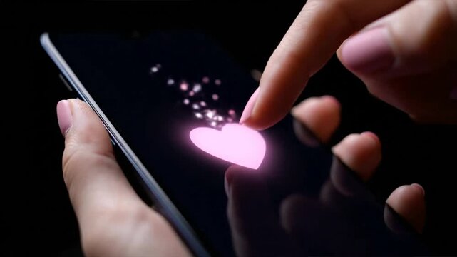 Womans hand interacts with touchscreen interface against black background