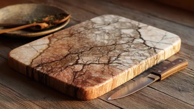 Beautiful cutting board with intricate patterns displayed next to a knife and a bowl on a wooden surface in warm light during late afternoon
