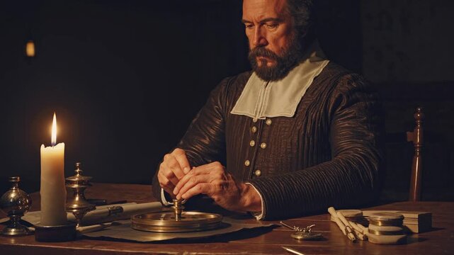 A dramatic, low-angle video still of a historical navigator studying a map, with a ship in the background, evoking an adventurous, vintage style.