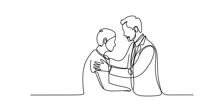 Continuous line art illustrating a doctor giving empathetic support and care to a patient
