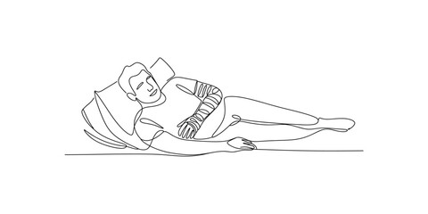 Obraz premium A continuous line drawing of a man resting in bed with an injured arm