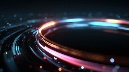 Obraz premium Abstract image of illuminated circular trails representing data transfer and a technological advancement. The image features vibrant colors and a modern aesthetic