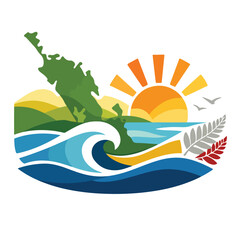 Obraz premium Northland Coastal Heritage - Professional New Zealand Landscape Illustration featuring Scenic Coastal Scenery, Modern Kiwi Maritime Heritage, North Island Nature Concept, and New Zealand vector