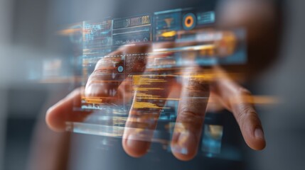 Futuristic hand interaction with transparent digital interface showcasing data visualization and technology trends in innovative virtual environment