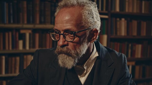 A scholarly man writes at a wooden desk in a dimly lit library. The side angle captures a vintage, cinematic video feel with warm tones and classic decor.