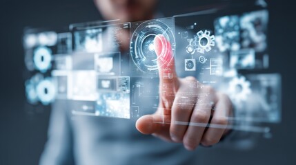 Naklejka premium Futuristic Technology Interface Interaction by a Business Professional Demonstrating Advanced Digital Innovations for Modern Enterprises and Development