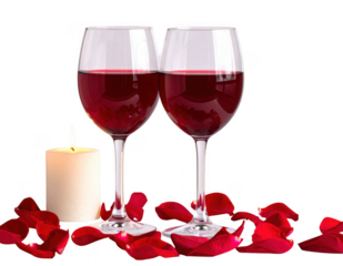 Two red wine glasses with a lit scented candle and rose petals,white background