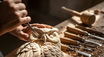 Artisan crafting wooden owl sculpture with tools and sunlight detail