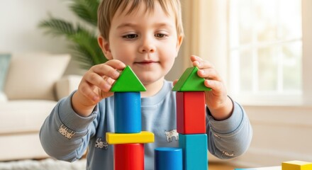 Captivating moment of a young child playfully building colorful structures at home