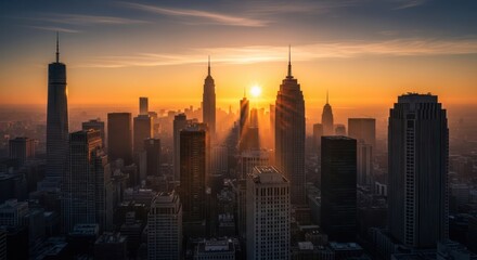 Fototapeta premium Cityscape silhouette at sunset, depicting an inspiring urban skyline with vibrant light and