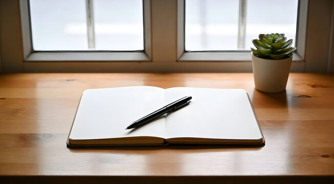 Open blank notebook with black pen on wooden desk next to succulent plant near window workspace concept