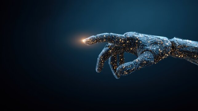 Futuristic robotic hand reaching out with glowing energy on a dark background, symbolizing technology, innovation, and human-machine interaction.