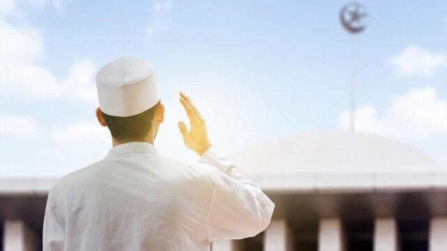 A rear view of a devout Muslim man in a white kufi and robe performing prayer and supplication outside a mosque. A bright, sunny day highlighting themes of faith, spirituality, and Islamic culture
