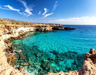 Sunny Mediterranean coastal view with crystal clear turquoise water