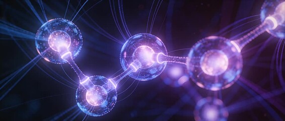 Molecule molecular technology skincare science research biotechnology innovation atom network, purple light 3D nanotechnology serum formula, cosmetic chemistry lab analysis for hydration repair - Powered by Adobe