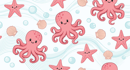 A cute seamless underwater pattern for kids featuring smiling pink octopuses, starfish, and seashells on a background of soft blue waves and bubbles.