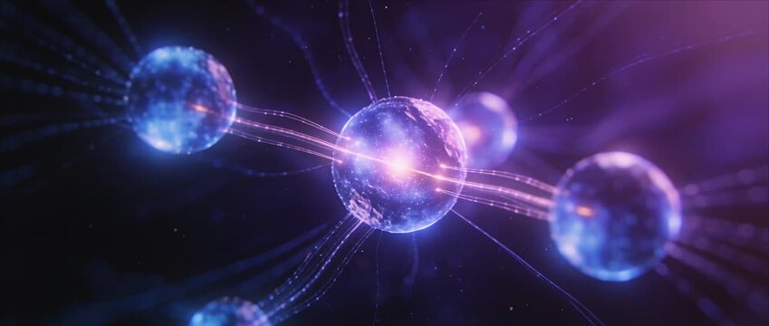 Molecule technology skincare science abstract particle network glow luminous sphere energy lines, nanotechnology cell atom connections, purple space futuristic laboratory cosmetic research innovation