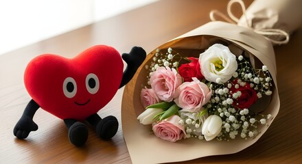 Valentines day concept red heart with bouquet on tabletop composition