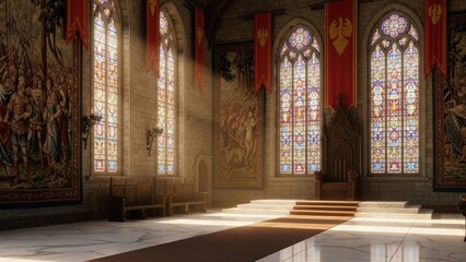 Cinematic Cathedral Hallway with Long Red Carpet Leading to a Throne