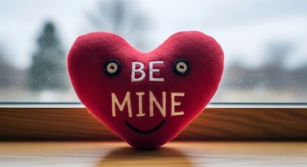 Red heart shape plush toy with be mine text on a wooden surface