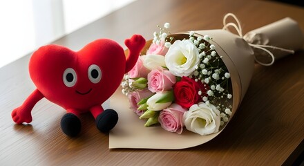 Red heart character next to bouquet of flowers on wooden surface