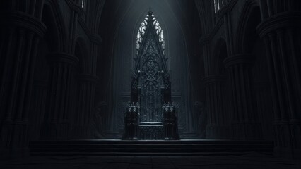 Menacing Black Iron Throne Isolated in a Dark Mysterious Chamber