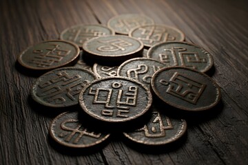 Close-up of Ancient Antique Bronze Coins with Patina Texture