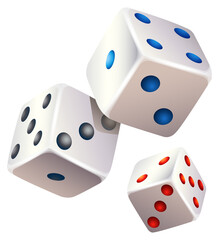Three white gaming dice with blue black and red dots or pips falling or tumbling through the air on transparent background