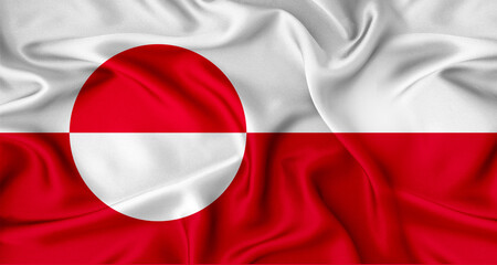 Close up of flag of Greenland with cloth texture. Realistic Greenland flag waving © IHERPHOTO