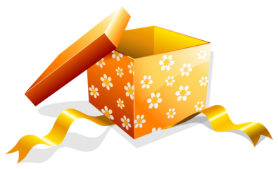 Opened orange gift box or cardboard box with white flower pattern and a flowing gold ribbon on transparent background
