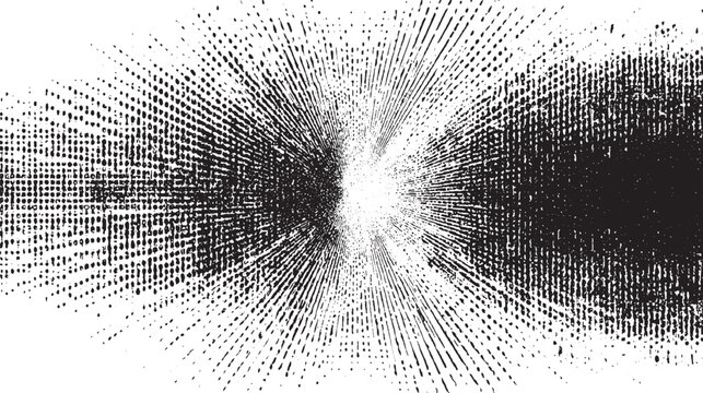 Explosive abstract black and white background with a radiating starburst pattern of distressed halftone dots and grunge textures emanating from a bright central point