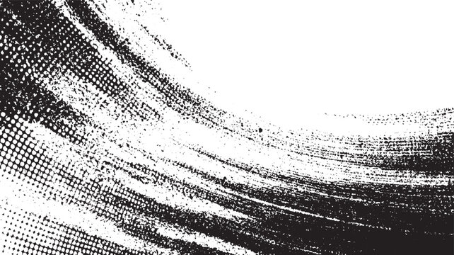 Abstract black and white textured background with distressed brush strokes and halftone dots creating a dynamic grainy effect