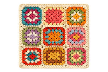 Colorful granny square crochet pattern showcasing handmade textile art on transparent background
