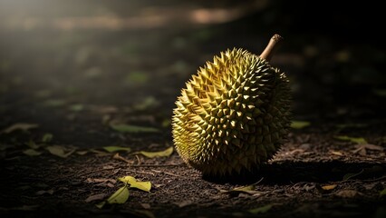 Close up of a spiky durian fruit on forest floor with sunlight