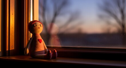 Doll sitting in window with soft lighting and dramatic evening sky view