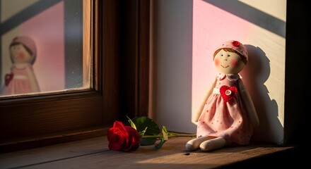 Doll sitting by window with red rose and reflection