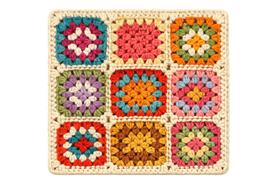 Colorful granny square crochet pattern showcasing handmade textile art on transparent background