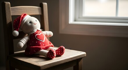 Cloth doll sitting on a wooden chair near a window indoors