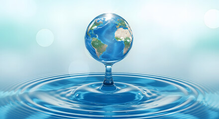 A blue globe shaped like a water droplet falling into a calm body of water, creating ripples, symbolizing water conservation and environmental care.