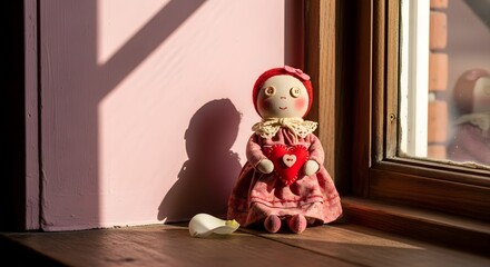 Handmade doll with a heart symbol and shadow on a windowsill setting