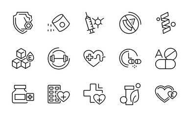 Fototapeta premium Supplements line icon set. droplet, supplement, ribbon, awareness, centrifuge, bone, marrow, plasma, transfusion, lab sample icons