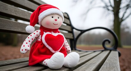 Stuffed doll with red dress and hat sitting on park bench outdoor scene
