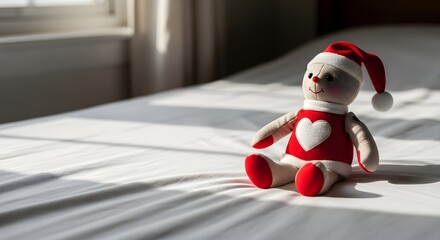 Stuffed doll with festive outfit on a bed with soft daylight