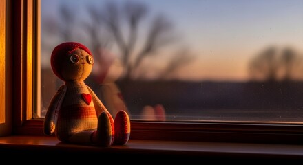 Stuffed doll sitting by window with sunset view in warm natural light