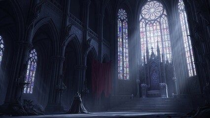 Dark Medieval Gothic Cathedral Hall with Distant Empty Throne