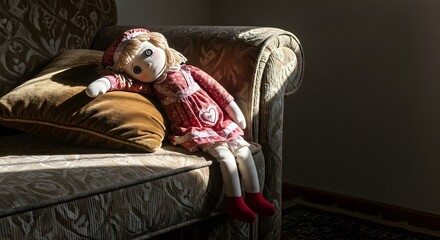 Vintage doll rests on a sofa bathed in warm sunlight near a wall